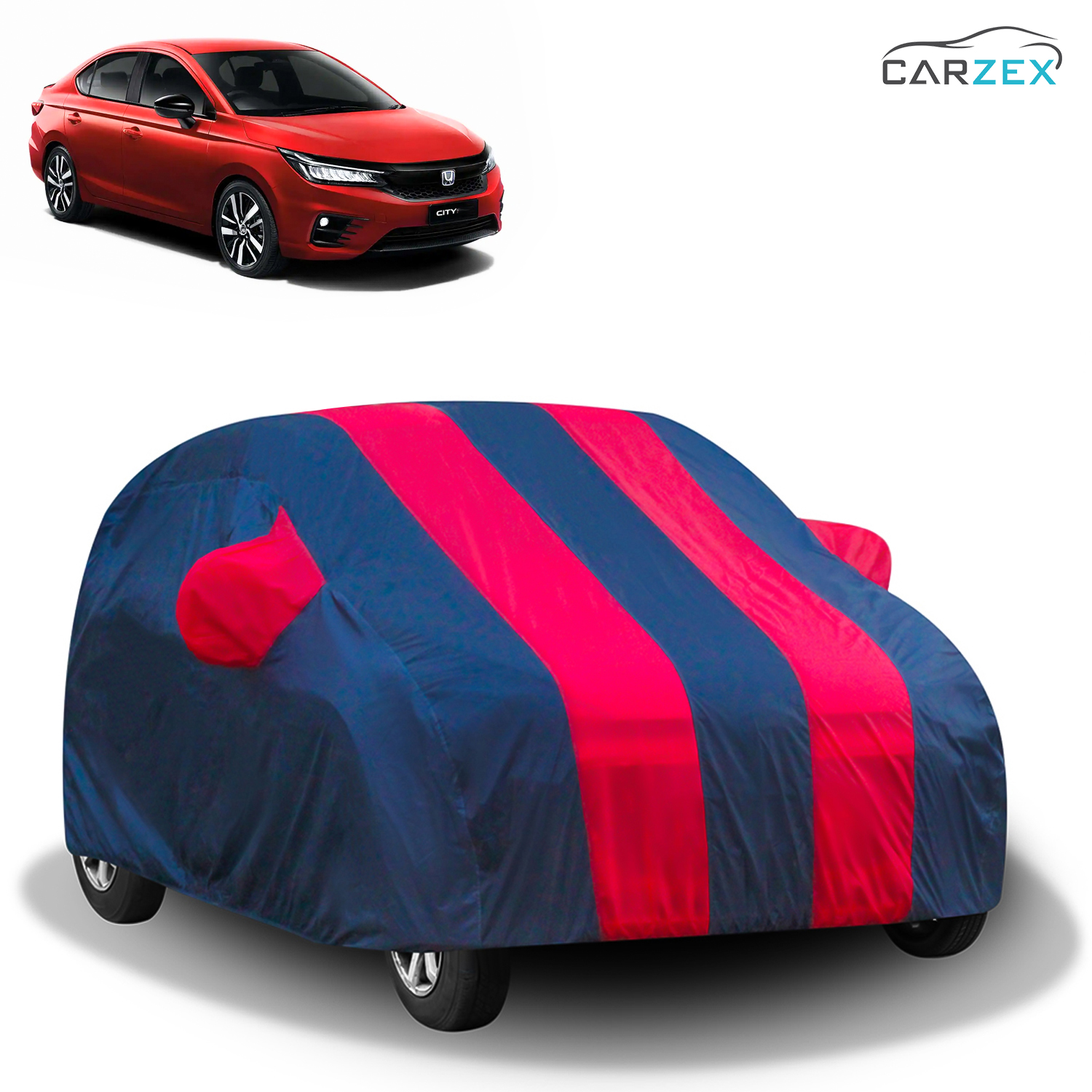 Carzex Stylish Red & Blue Stripes Car Body Cover with Mirror Pockets for Honda City
